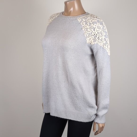 3/$20 Forever 21 Crochet Overlay Sweater Winter Pullover Slouchy Ribbed Grey - Picture 2 of 10